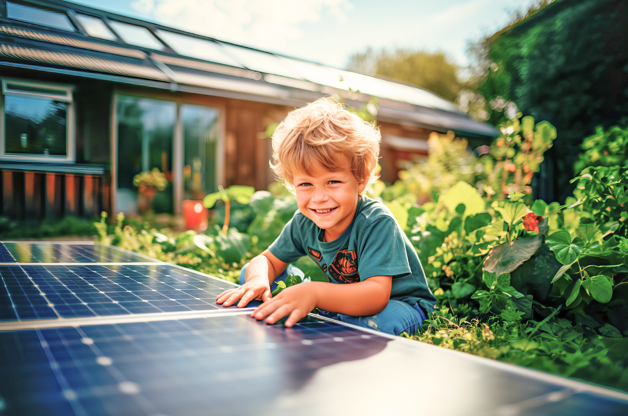 Photovoltaik Abbildung Kind vor Photovoltaikanlage
