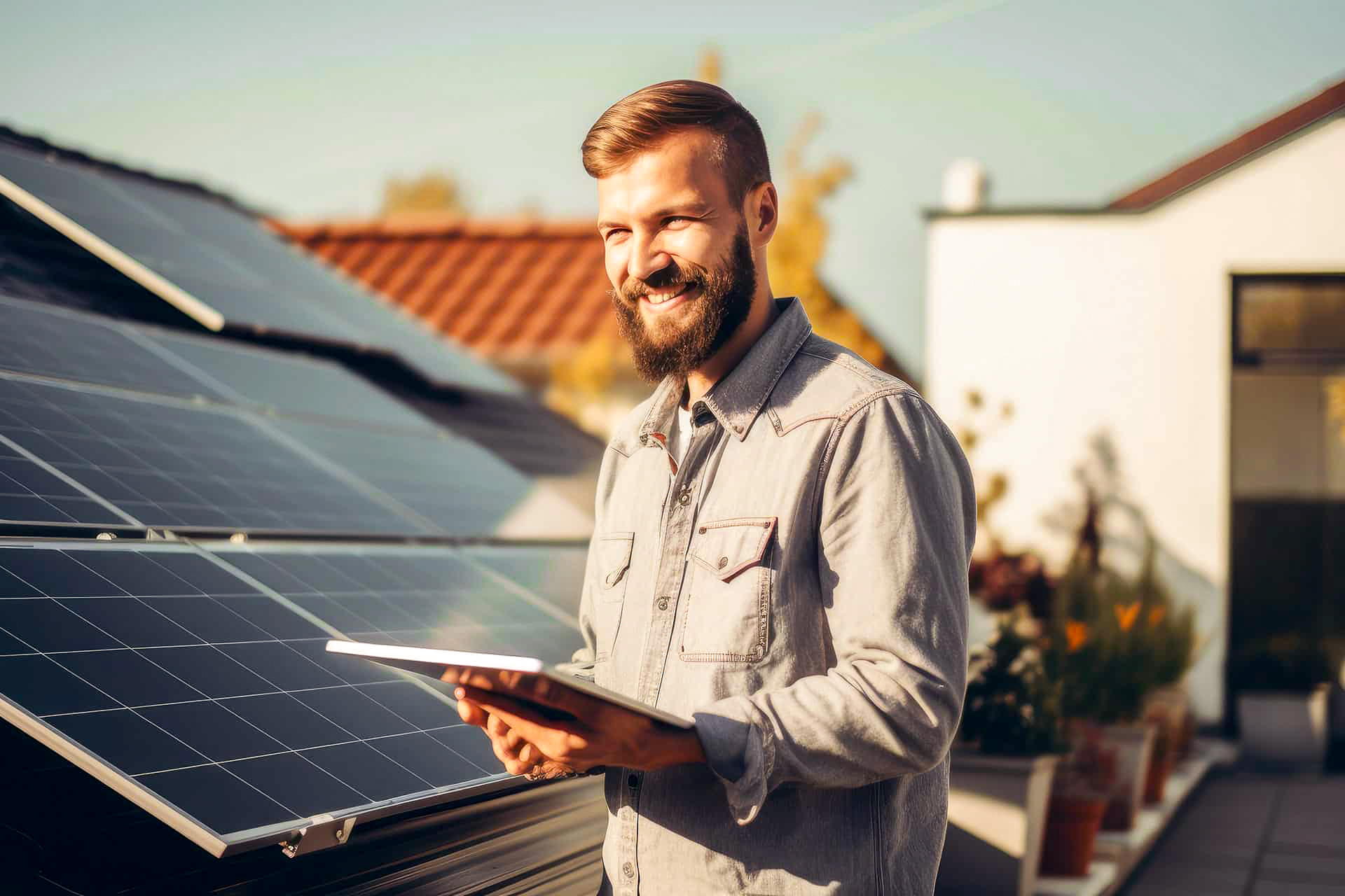 Abbildung Mann mit Pad vor Solaranlage