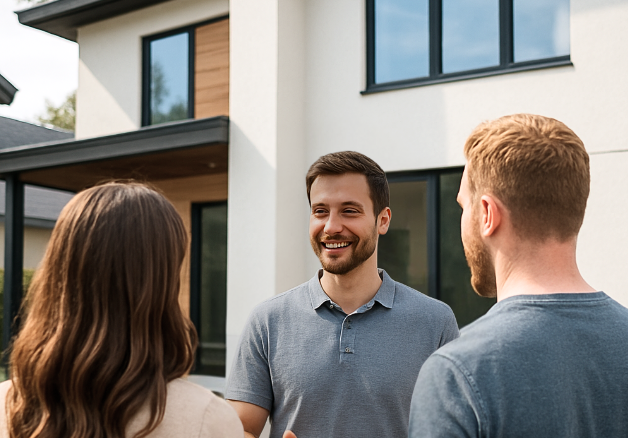 Personen werden vor einem Haus beraten